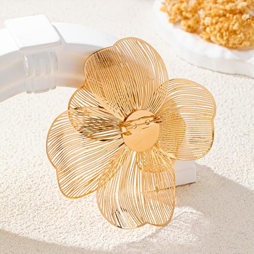 Large Gold Layered Flowers Brooches for Women Filigree Lapel Pins | Chunky Golden Floral Big Pin Trendy Big Fake Pearls Petal Statement Jewelry 70s 80s Costume Outfit Cloth Accessories