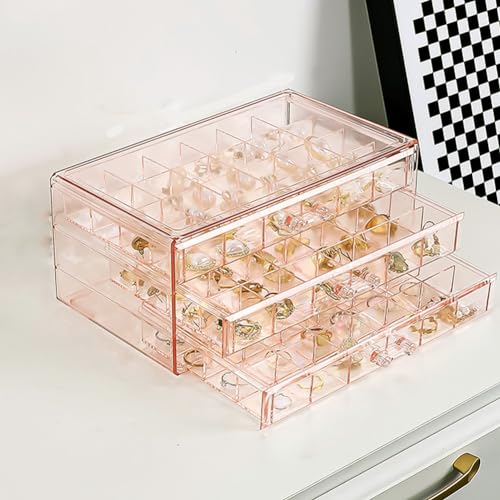 Earring Organizer Box Acrylic Stackable Jewelry Organizer with 3 Drawers 72 Small Compartments Clear Jewelry Display Stand for Stud Earring Ring Pin Display (Pink) - color: Pink