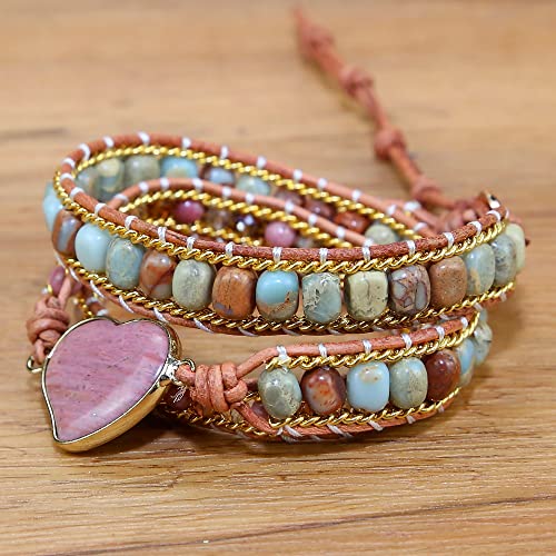 Women Wrap Bracelet Boho Natural Jasper Crystal Stone Beads Strand Bracelets - color: Style 13-Rhodochrosite