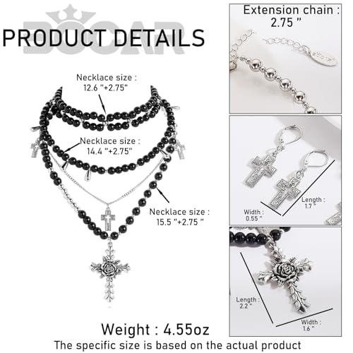 Bocar Gothic Cross Layered Pearl Necklace Chunky Statement Stacked Necklace Y2K Silver Layered Necklace for Women (NK-10769) - color: Black