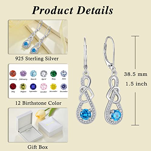 Dangle Drop Earrings for Women 925 Sterling Silver Heart Infinity Leverback Earrings Birthstone Jewelry Gifts for Women Wife Girlfriend Mother Daughter Her - color: 03 March - Aquamarine
