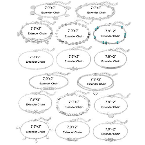 Softones 16Pcs Ankle Bracelets for Women Gold Silver Two Style Chain Beach Anklet Bracelet Jewelry Anklet Set,Adjustable Size - color: A:Silver
