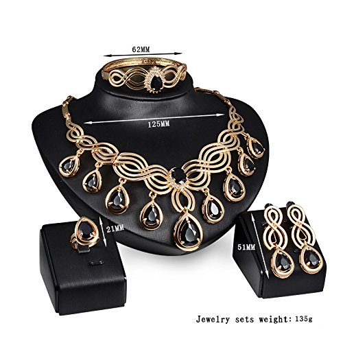 4-Piece Golden Teardrop Crystal Jewelry Set Black Red | 4-piece golden set with black red crystals Lightweight anti-tarnish Perfect for weddings galas - color: Black