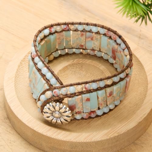YGLINE Boho Handmade Natural Stone Bead 3 Row Wide Wrap Wrist Statment Bracelet Jewelry Collection - color: new-Agalmatolite