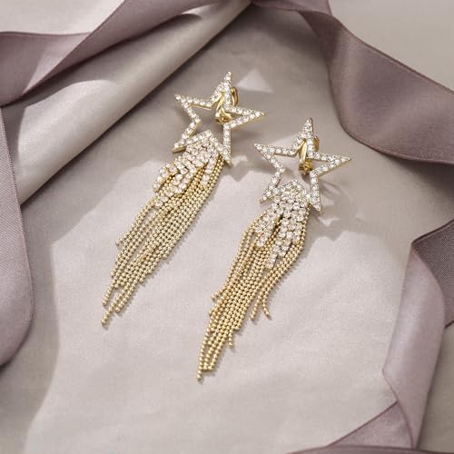 EVER FAITH Crystal Long Waterfall Star Tassel Clip-on Earrings for Women | Rhinestone Beaded Fringe Chandelier Dangle Statement Earring, Wedding Party Jewelry - color: Clear Gold-Tone