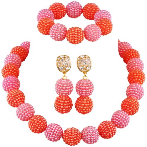 Nigerian Wedding African Beads Jewelry Set Women Simulated Pearl Necklace and Earrings - color: Orange-Peach