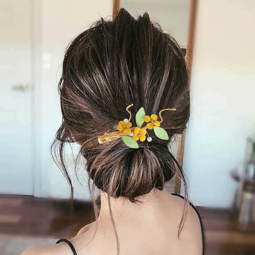 Bridal Flower Hair Clips, Crystal Hair Pins Pearl Rhinestone Hair Barrettes, Wedding Hair Pieces Pearl Headpieces Hair Accessories for Women Girls - color: Green&Yellow