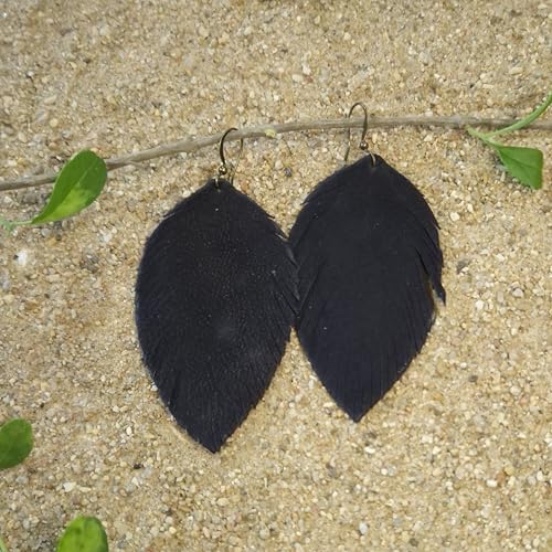 Handmade Genuine Leather Earrings for Women – Long Teardrop Boho Dangles, Lightweight Statement Fashion Jewelry - style: Autumns-Black