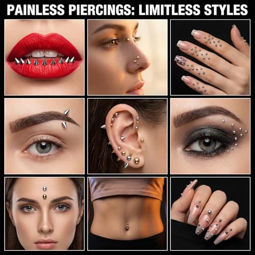 Fake Eyebrow Ring, Fake Lip Labret Studs Non-Piercing Eyebrow Piercing Replacement Balls Spike with 100Pcs Sticker and 1 Pcs Tweezers Body Jewelry Nose Rings
