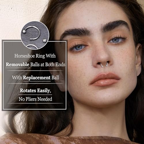 8Pcs 14G 16G 18G 20G Horseshoe Septum Nose Ring Helix Cartilage Earrings Hoops Hypoallergenic Tragus Daith Eyebrow Lip Ring Smily Piercing Jewelry Replacement Ball Spikes 7-12MM - color: Silver + Black, size: 16G