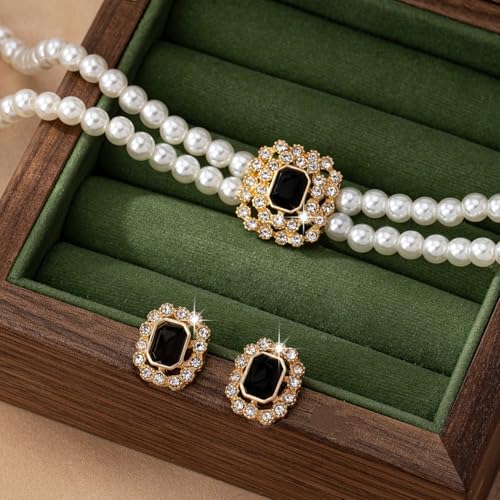 Classic Double Strand Faux Pearl Choker Necklace and Earrings Set with Crystal Accent, Elegant Jewelry for Special Occasions and Everyday Wear - color: black