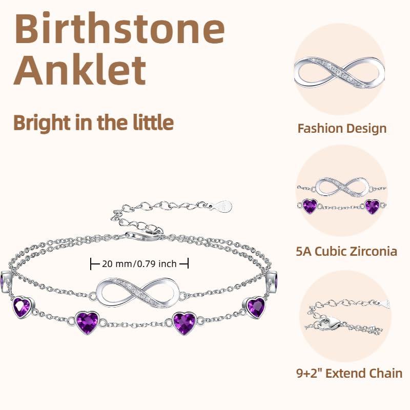 Prismata Infinity Birthstone Charm Link Bracelet/Anklet 925 Sterling Silver Adjustable 12 Months Birthstone Infinity Bracelet/Anklet Birthday Jewelry Gifts for Women Her - color: 02-February, size: 9‘+2’ Anklet