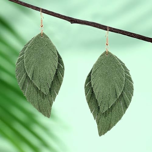 Handmade Bohemian Large Soft Genuine Leather Fringe Double Feather Dangle Drop Earrings Lightweight Simple Color PU Leaf Hook Earrings for Women - color: Dark Green