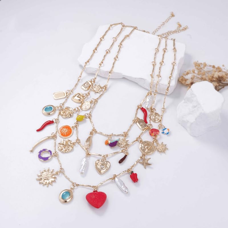 Multi Layer Gold Chain Sun Pendant Necklace - With Heart-Shaped and Coin Flower Design -3-Piece Set of Colorful Mixed Pendant Necklace