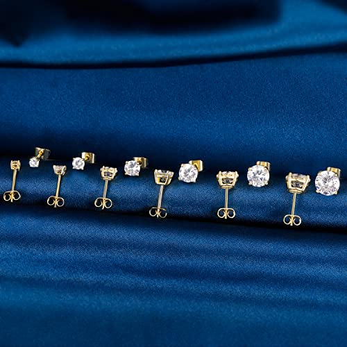 6 Pairs Cubic Zirconia Stud Earrings for Women/Men - Round Cut 4 Prong Settings 18K Gold Plated Hypoallergenic 3-8mm Clear Earrings Set - color: 3-8mm Gold - Round 4 Prong