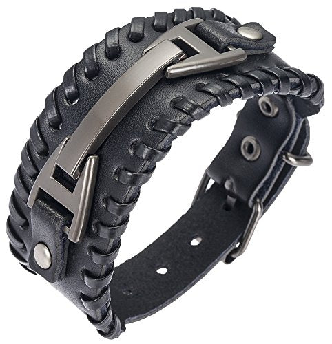 Leather Bracelet for Men Braided Stainless Steel Mens Bracelets - color: Black 1