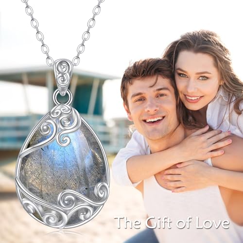 YAFEINI 925 Sterling Silver Moonstone Necklace Filigree Teardrop Pendant Necklace Jewelry for Women Girls - color: AA-Labradorite Filigree Necklace