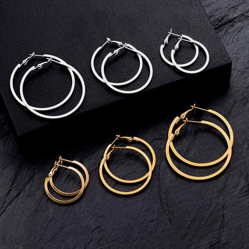 5/12 Pairs Gold Silver Plated Hoop Earrings for Women, Hypoallergenic Stainless Steel Hoops Earrings Set, Lightweight Large Small Hoops Women Earrings Loop Earrings Set - color: 6 Pairs Gold Silver Plated Square Wire Hoop Earrings