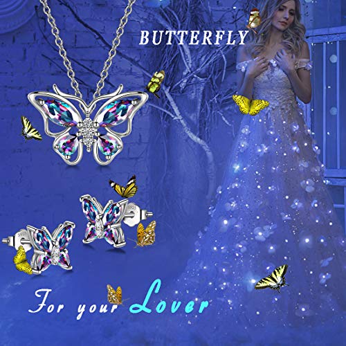 925 Sterling Silver Birthstone Butterfly Jewelry Women Crystal Animal Cute Butterflies Birthday Necklace/Earring/Ring/Bracelet Sets Birth Stone Statement Anniversary Jewellery - color: 1-M.Mysitc-Rainbow-Topaz