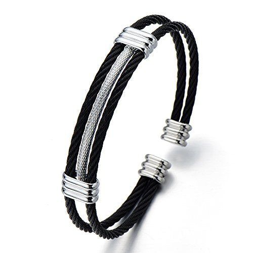 COOLSTEELANDBEYOND Men Women Stainless Steel Twisted Cable Adjustable Cuff Bangle Bracelet - color: C-Metal Color: Black & Silver