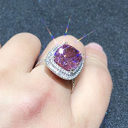 18K Gold Plated Princess Cut Pink Crystal Silver Ring with AAA White Cubic Zirconia Full Diamond Ring CZ Eternity Engagement Wedding Band Ring for Women Size 6-10 - color: 9