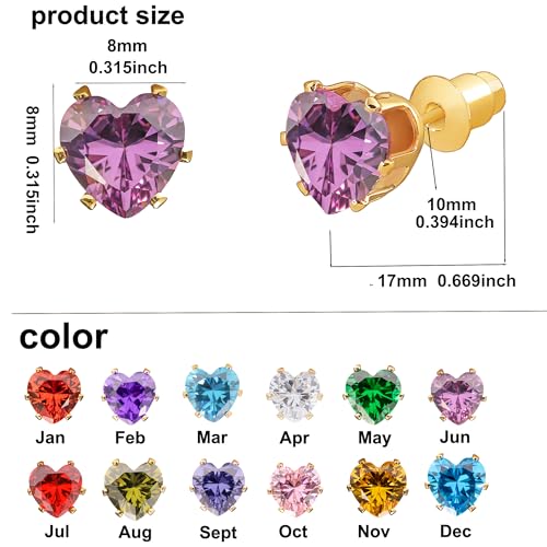 8mm Heart-Cut Birthstone Stud Earrings for Women – 18K Gold Plated Hypoallergenic Cubic Zirconia Earrings, Nickel Free, 12 Months Colors, Everyday Jewelry, Gift for Her, Bridal, Birthday, Christmas - color: 06 Jun Purple