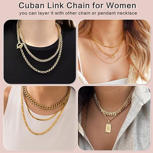 WomenGifts Cuban Link Chain Necklace for Women, Waterproof 14k Gold Silver Plated Chain Choker, Non Tarnish Stainless Steel Jewelry, 3.5/5/6/8/11mm,14/16/18 Inch Thin&Chunky&Thick - color: Gold, style: 3.5MM-16"