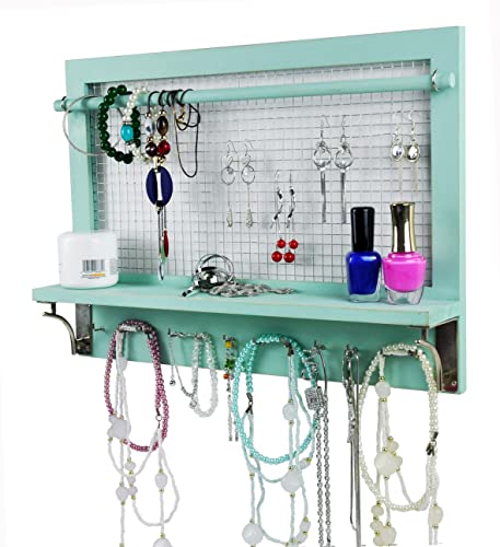 Jewelry Organizer, Wall Mount Jewelry Holder Rack with Hooks Shelf and Removable Rod Hanging Display Earrings Necklaces Bracelets Rings Storage Accessories Wood in Shabby Chic Turquoise - color: Shabby Chic Turquoise
