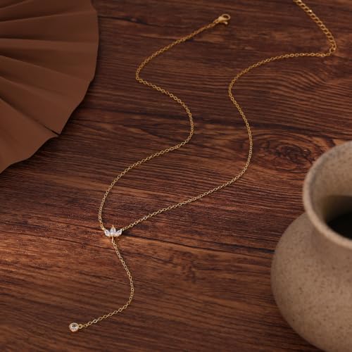 Long Necklaces for Women, Cute 14K Gold Plated CZ Drop Necklace | Dainty Gold Necklace, Simple CZ Teardrop Clover Y Shaped Lariat Necklace,Statement Non Tarnish Necklace, Trendy Gold Jewelry - color: Gold-Leaf Drop