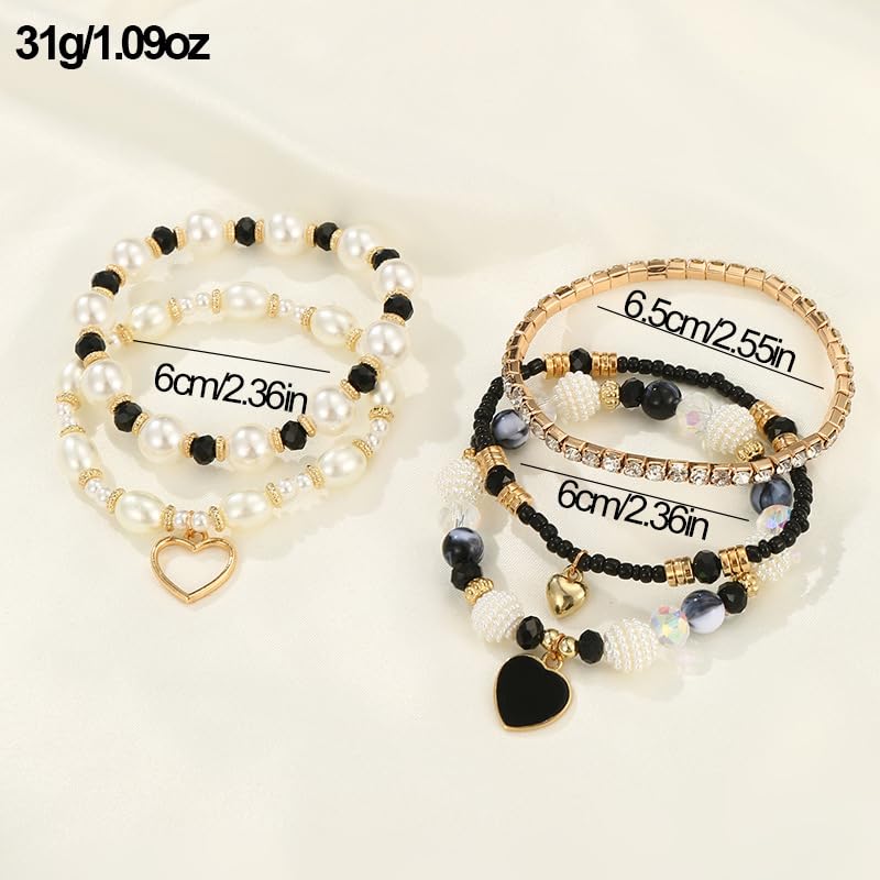 Pingyongchang Bohemian Stackable Beaded Bracelets Set for Women Multicolor Stretch Faux Pearl Heart Crystal Stretchy Bangles Multilayered Handmade Friendship Holiday Beach Jewelry Mother's Day Gifts - color: Black