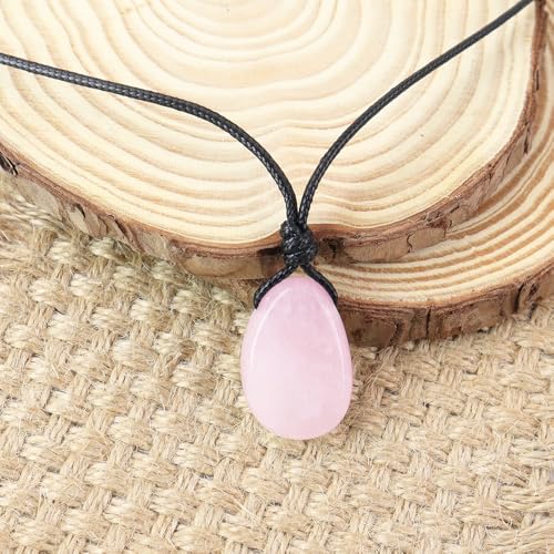 Natural Gemstone Pendant Necklace Healing Crystal Stone Choker Necklace Adjustable Waxed Black Rope for Men - color: Rose Quartz