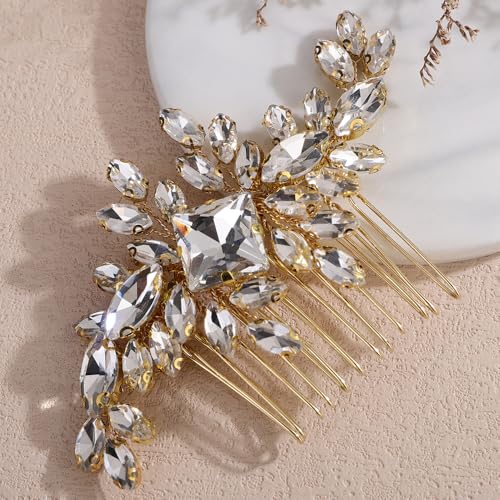 Square Rhinestone Hair Comb Silver Gold Rhinestone Wedding Headpiece Handmade Crystal Bridal Hair Comb Bridal Hairpiece for Brides Bridesmaid (gold) - color: gold