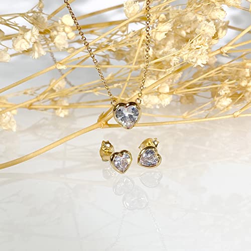 925 Sterling Silver Cubic Zirconia Necklace and Earrings Set for Women, Heart, Cushion, Round, Emerald Cut CZ, Solitaire Bezel Jewelry Set, CZ Bridal Jewelry Set, Bridesmaid Gift - style: Heart Cut(Gold)