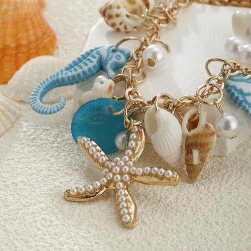 RUOFFETA Shell Starfish Necklace Bracelet Conch Statement Chunky Necklace Mermaid Costume Jewelry Beach Jewelry for Women - style: Anklet Blue