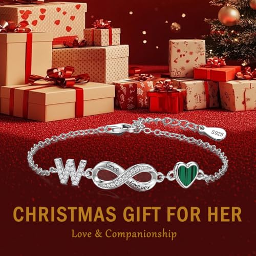 925 Sterling Silver Adjustable Letter Bracelets Infinity Heart Emerald Charm Link Bracelet ,Personalized Charm Alphabet Jewelry Valentines Christmas Mother’s Day Birthday Gifts - color: W