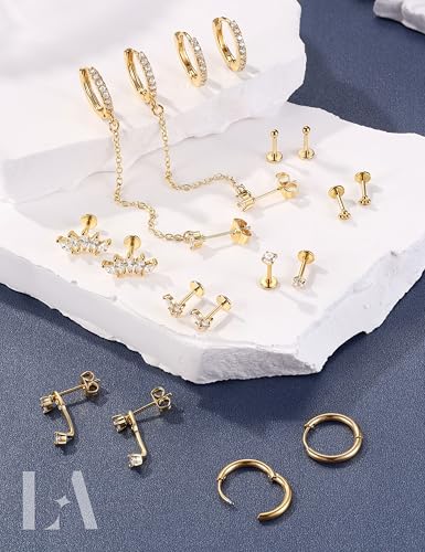 LOLIAS Hypoallergenic Gold Threadless Flat Back Stud Earrings for Women | 20G 18G 16G Surgical Steel Earrings Push in Nose Studs CZ Cartilage Earring Set Labret Helix Tragus Conch Piercing Jewelry - color: 14K Gold, size: 20G(0.8MM)-Heart&Flower