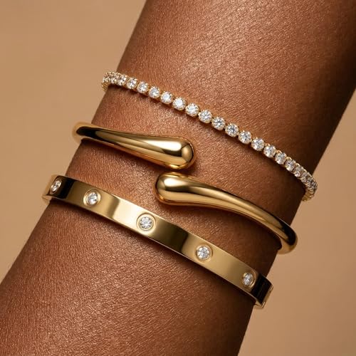 Mothers Day Gifts for Mom 18K Gold-Plated Bracelet Set – Floral Clover, Tennis, Chunky Adjustable Twist Cuff, Classic Gold-plated Bangle Stainless Steel, Non Tarnish, Stackable Bracelet Gift for Women - style: YR gold 3pcs
