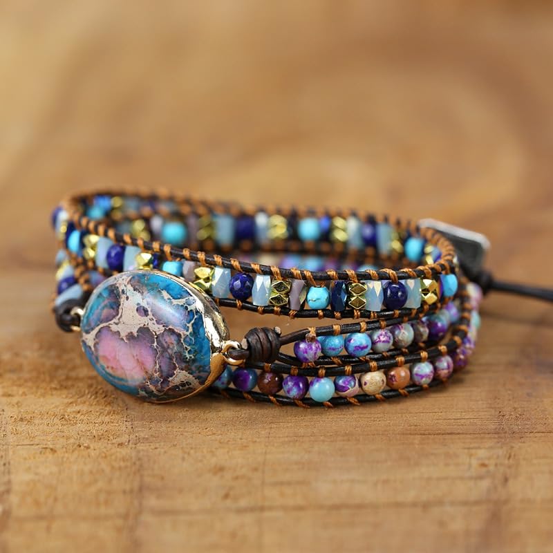 Handmade Boho Wrap Bracelets Natural Turquoise Crystal Stone Variety Beaded Strand Bracelet - color: Purple