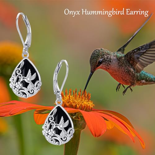 Black Onyx Earrings 925 Sterling Silver Black Onyx Dangle Drop Earrings Filigree Jewelry Gift for Women Girls - style: Hummingbird