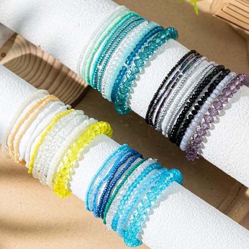 Bohemian Colorful Crystal Glass Beads Seed Beaded Bracelet Handmade Adjustable Stackable Elastic Strand Bangle for Women Summer Beach Hawaii Boho Wristbands Jewelry - color: yellow