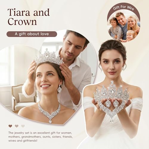 Tiaras and Crowns for Women,Tiaras Earrings Necklace, Crystal Bridal Jewelry Set - color: Silver white