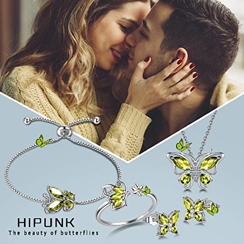925 Sterling Silver Birthstone Butterfly Jewelry Women Crystal Animal Cute Butterflies Birthday Necklace/Earring/Ring/Bracelet Sets Birth Stone Statement Anniversary Jewellery - color: 3-H.August-Peridot