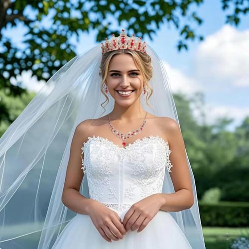 Tiaras and Crowns for Women,Tiaras Earrings Necklace, Crystal Bridal Jewelry Set - color: Gold Red