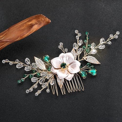 Flower Leaf Design Wedding Hair Comb, Metal Bridal Hair Accessory with Rhinestone, Wedding Prom Hair Clip Headpiece for Women (Gold Green Flower) - color: Gold Green Flower