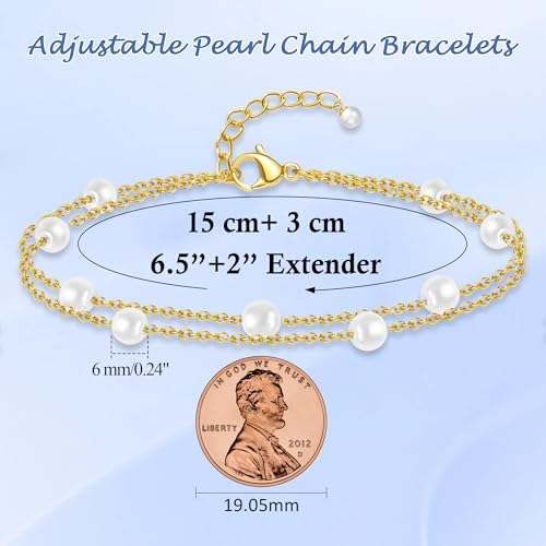DAYANEY Pearl Bracelets for Women Gold Bracelet Silver Pearl Jewelry | Gold Bracelet Silver Pearl Jewelry Summer Gifts for Girls Dainty Daisy and Heart Bracelets Cute Floral Jewelry for Bridesmaid - style: Gold Pearl-Layered