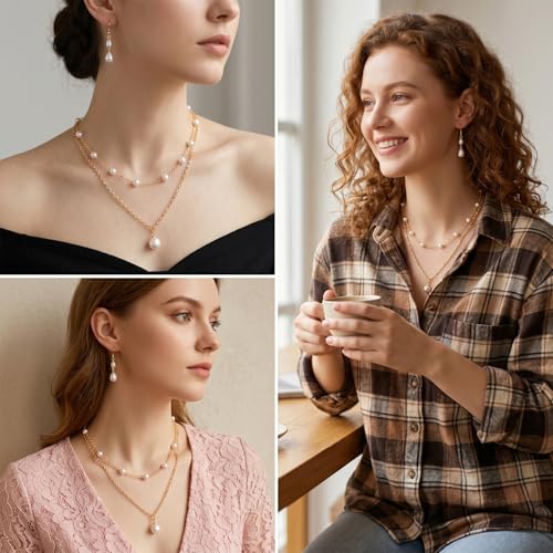 Yuanchu Gold Jewelry Set, Gold Copper Plated Pearl Necklace and Earring Set, Dainty Layered Choker, Adjustable Bracelet, Wedding Jewelry Sets for Brides
