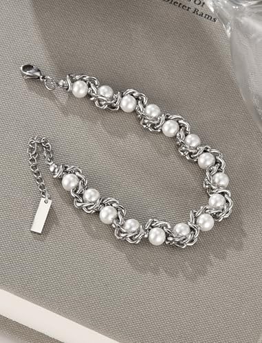 Faux Pearl Chain Bracelet for Women, White Silver Gold Plated Stainless Steel Link Cuff Bridal Wedding Christmas Valentine's Day Mother's Day Anniversary Birthday Jewelry Gifts Box for Her