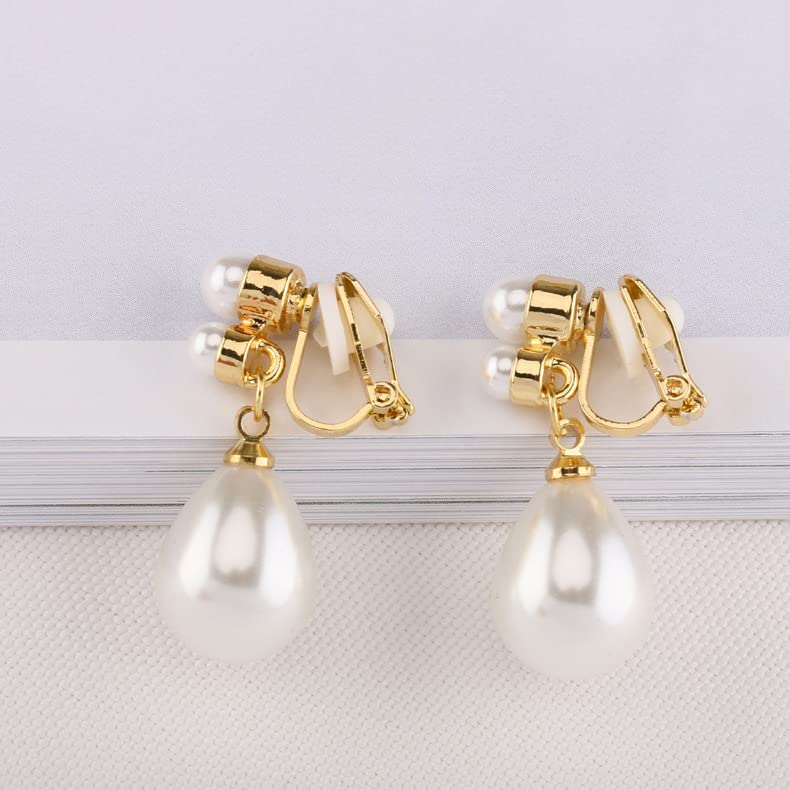 Pearl Clip on Earrings for Women Drop Clip Earrings for Women Gold Plated White Imitation Pearl Earrings Fashion - color: Waterdrop Pearl