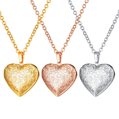 U7 Custom Photo Locket Necklace - Oval & Heart Shaped Locket - Gold/Silver/Rose Gold Personalized Image Necklaces for Women - color: 02-Gold Flower Heart, style: a. locket only