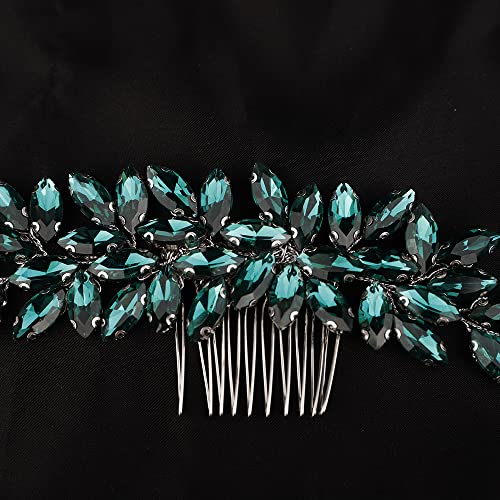 Teyglen Women's Dainty Simple Rhinestone Hair Comb - Luxurious Shiny Bridal Side Hair Accessory for Weddings (Silver-Green) - color: Silver-Green